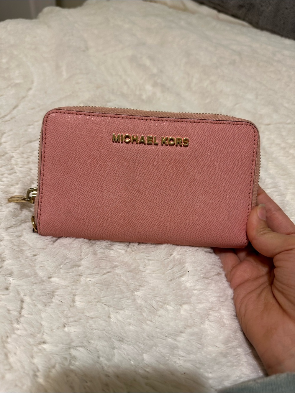 Michael Kors Blush Pink Saffiano Zip Wallet with Gold Logo